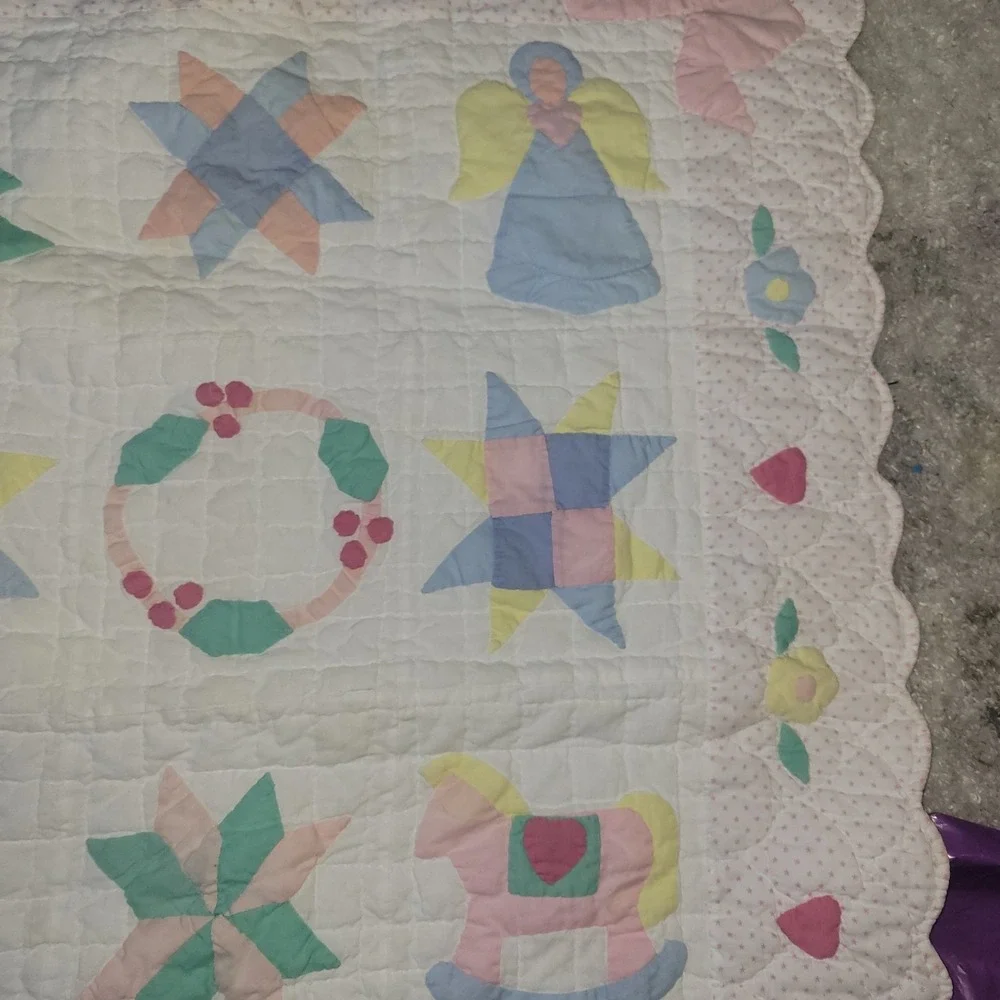 Vtg Handmade Amish Baby Quilt Blanket Irish Chain 8 Point Star Flower Basket